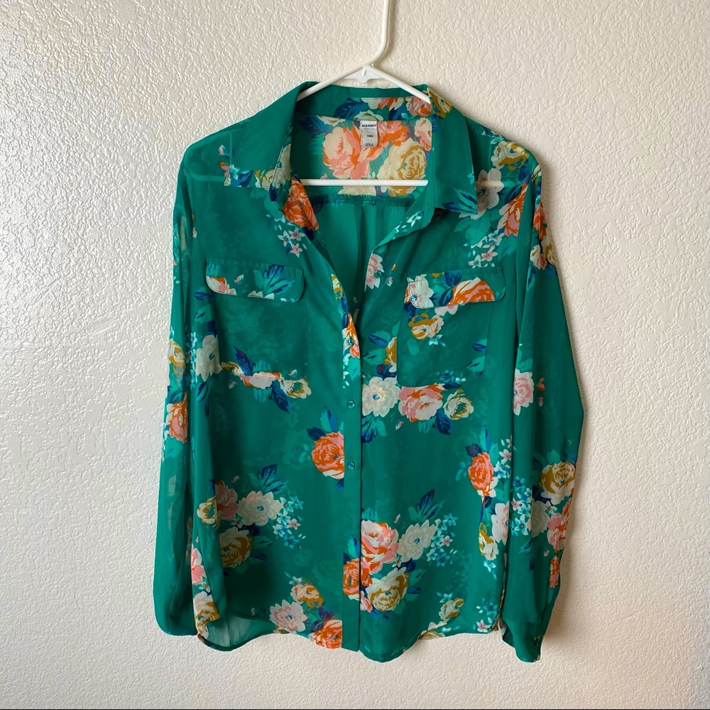 Sheer Green Floral Button-down